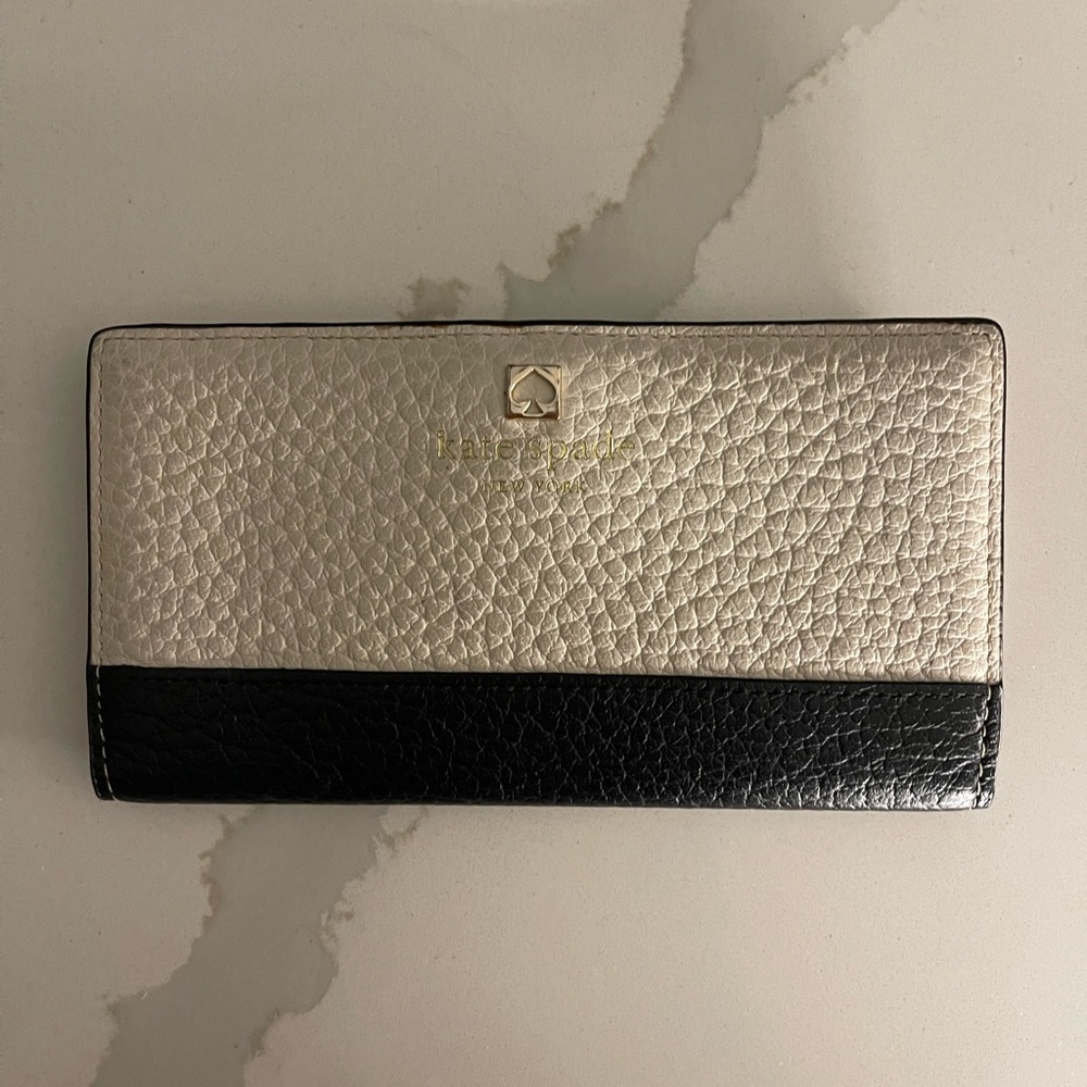 Kate Spade Metallic Logo on Beige and Black Slim Bi-Fold Wallet